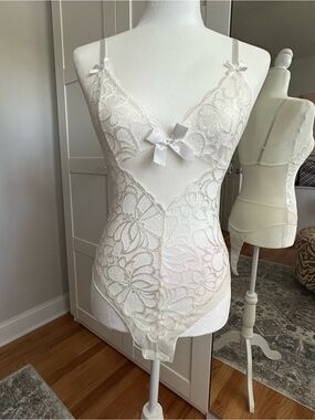 Frederick's of Hollywood Ivory Floral Lace Bodysuit with Satin Bows